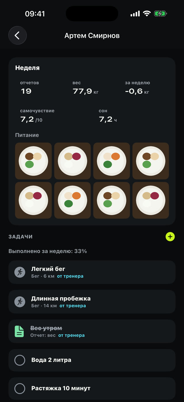 Тренер: отчеты ученика и задачи
